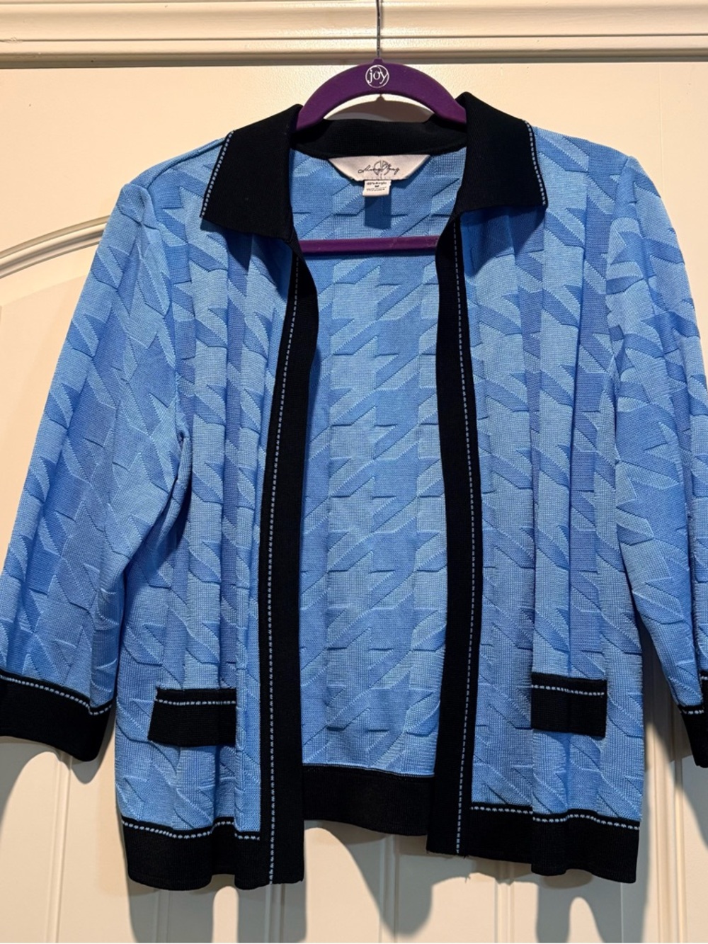 Ming Wang Sky Blue Knit Top with Black Dotted Trim